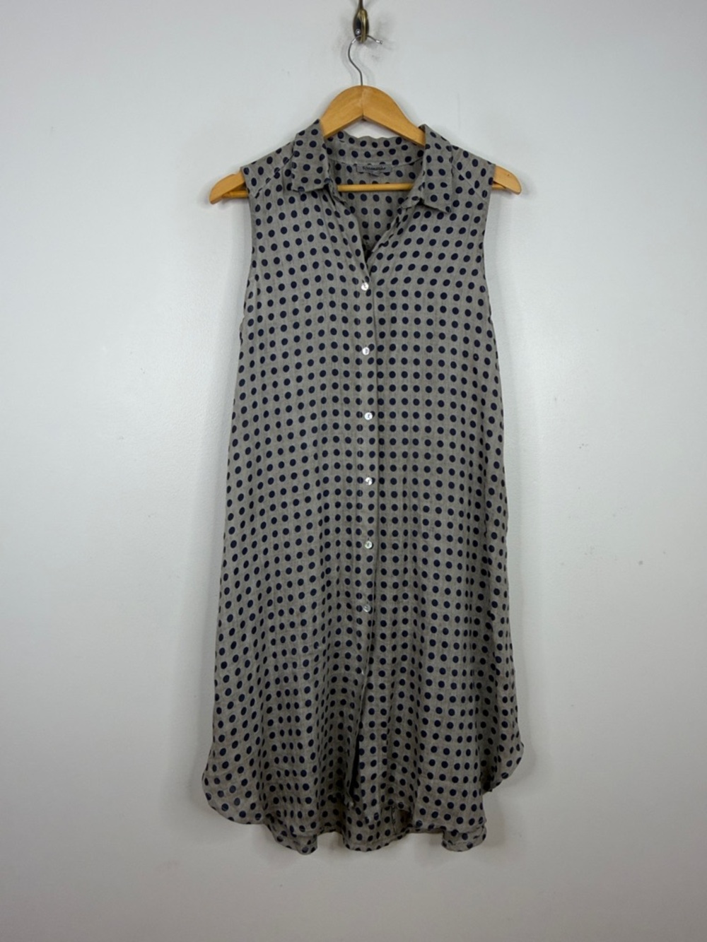 Linen Dress Womens XL Gray Blue Polka Dot Sleeveless Shirtdress Made in Italy